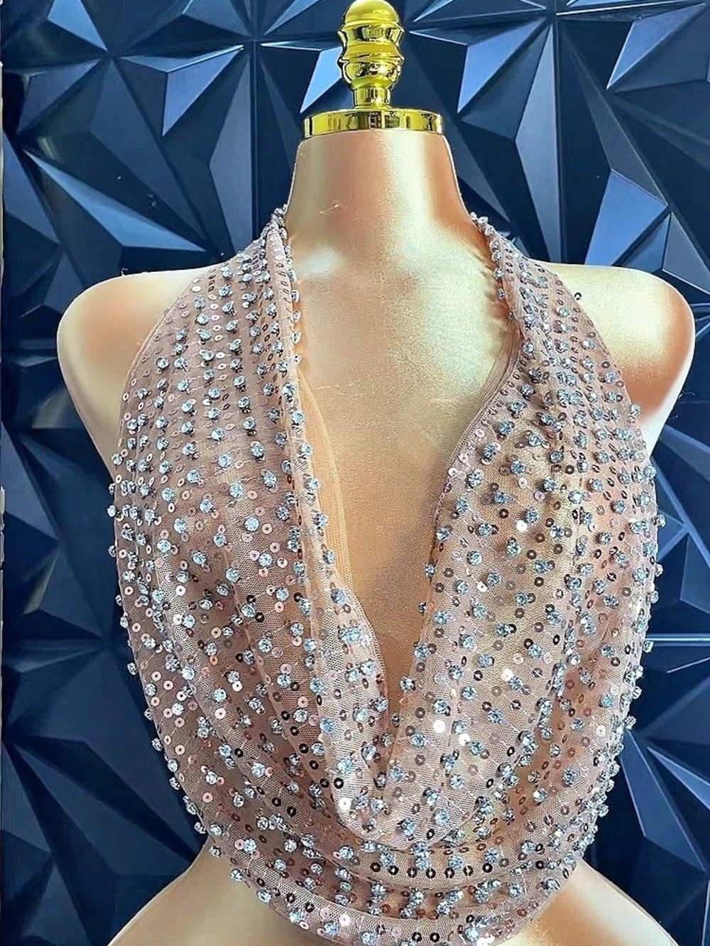 🔥Fashion Nova Rhinestone Halter Crop Top in Brown Medium Like New